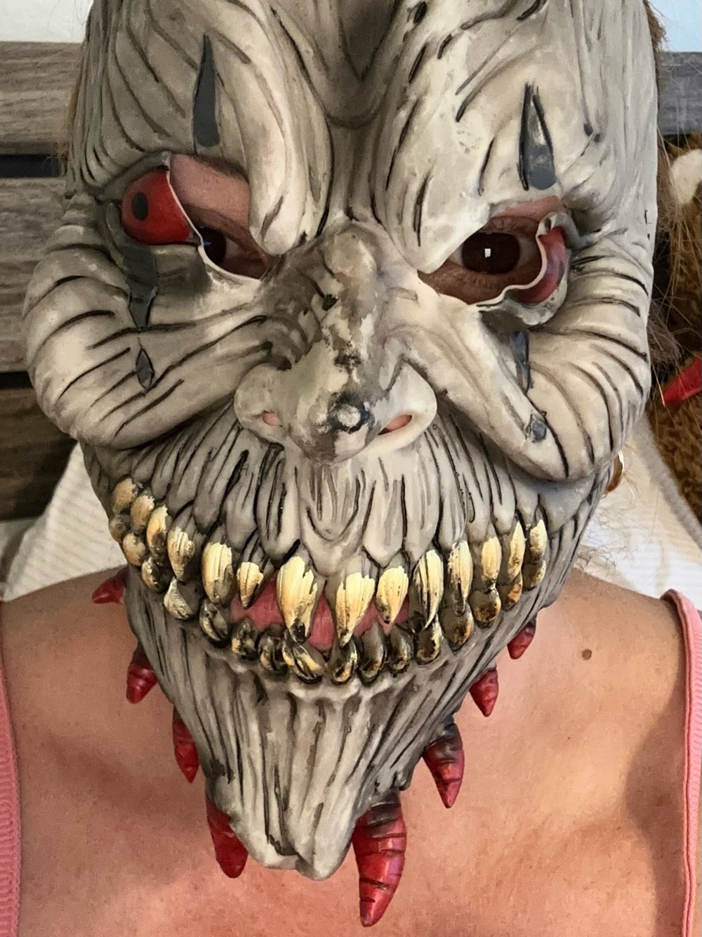 Spirit White Horror Demon Mask with Gold Teeth and Red Accents